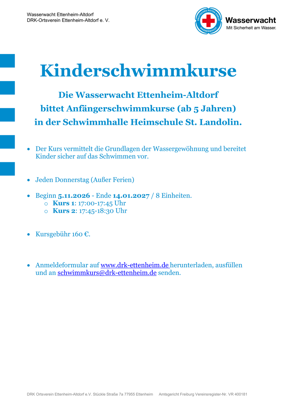 Plakat Kinderschwimmkurs Wasserwacht Ettenheim 2026 Plakat für den Kinderschwimmkurs 2026
