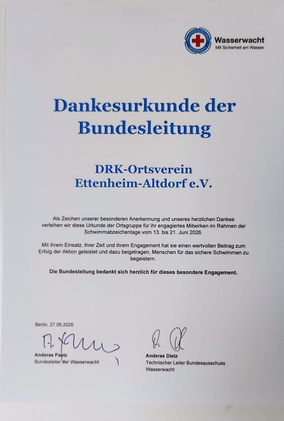 Urkunde der Wasserwacht Bundesleitung