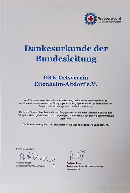 Urkunde der Wasserwacht Bundesleitung
